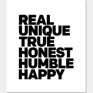 Real Unique True Honest Humble Happy Positive Vibes and Good Times WordArt Design Typography Posters and Art